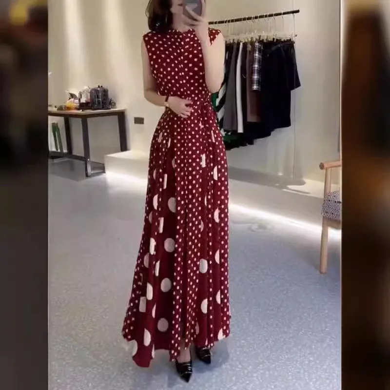 

2025 summer new fashionable polka dot slit sleeveless long dress for slim women boho dress sexy dress LOOSE FIT