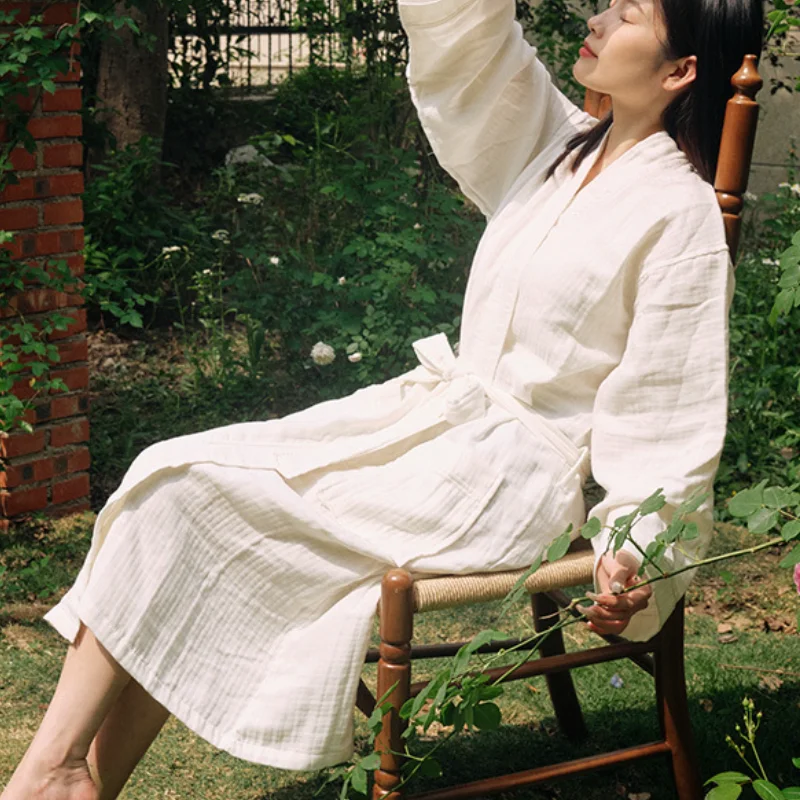 100% Cotton Women Sleepwear Kimono Gown Soft Long Sleeve Home Wear Long Shower Spa Home Clothes Daily V Neck Nightwear Nightie