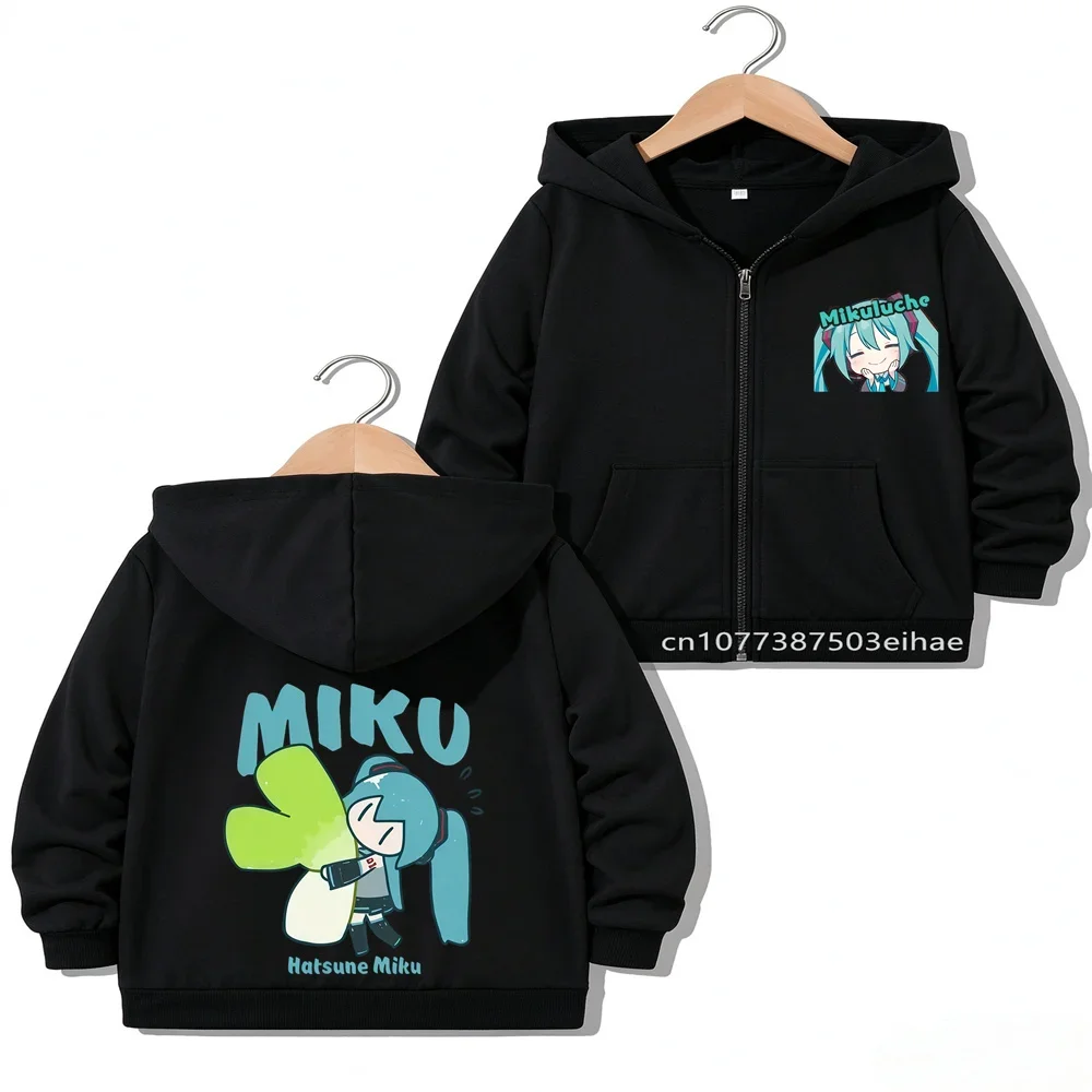 Cute Hatsune Miku Cartoon Pattern Girls Zipper Jacket Kids Spring Fall Outerwear Anime Figure Print Casual Overcoat Tops