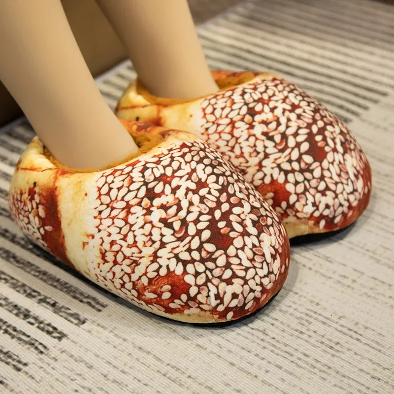 Creativiteit Brood Toast Katoenen Slippers Voor Vrouwen 2024 Bont Muiltjes Schoenen Vrouwen Harige Winter Slippers Mannen Designer Schoenen