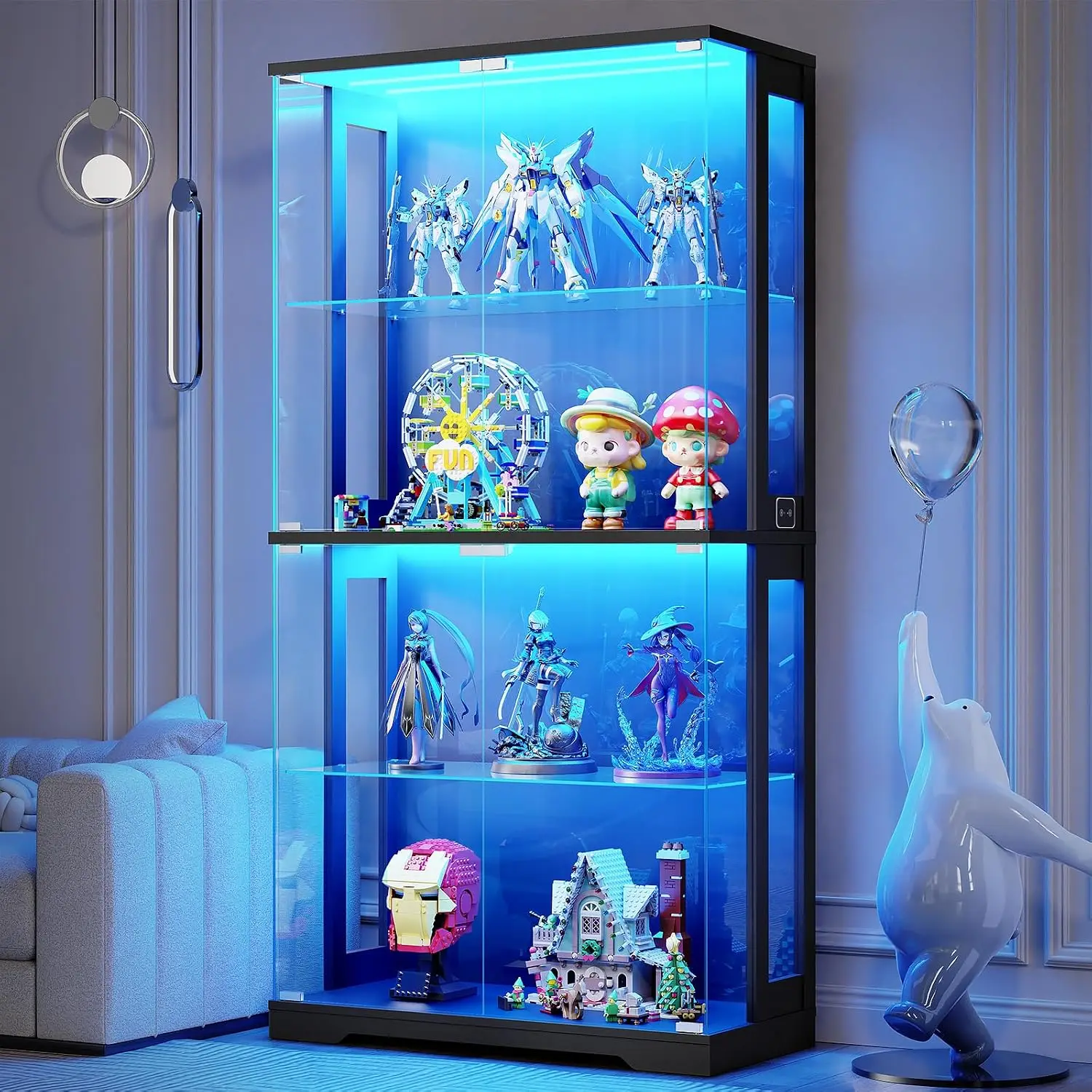 Glass Display Cabinet with Doors and Lights 4 Tier Curio Cabinet Black