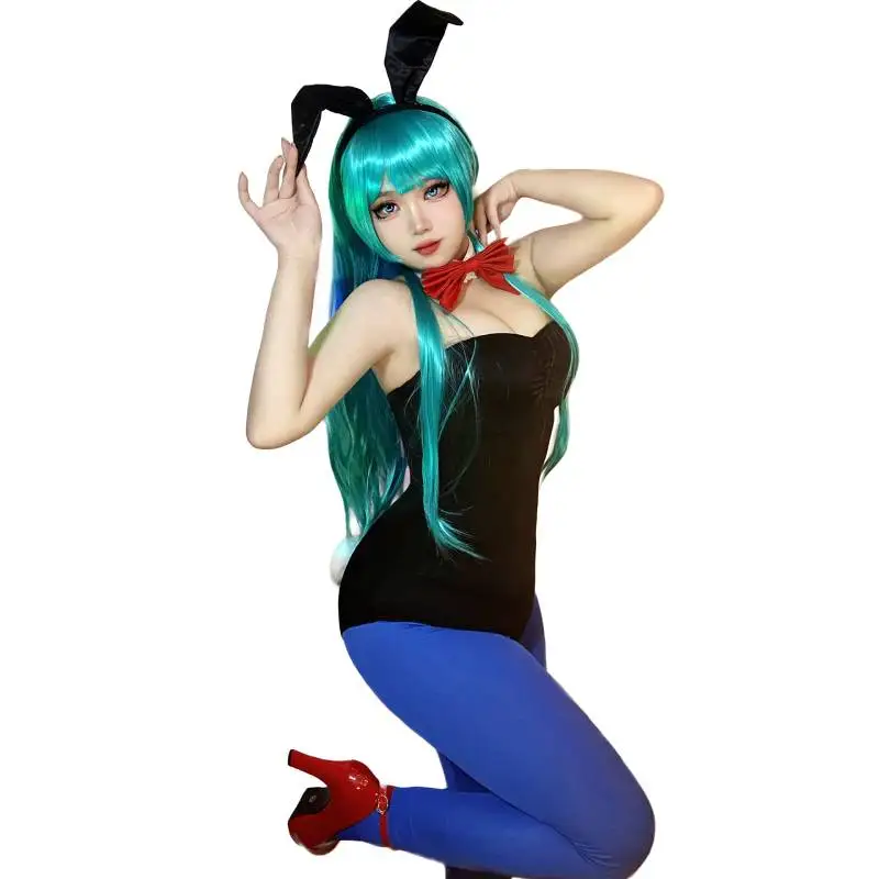 WENAM Anime Dragonball Bulma Cosplay Bulma Bunny Girl Bodysuit Uniform Set Women Halloween Party Sexy Costume with Bunny Ears