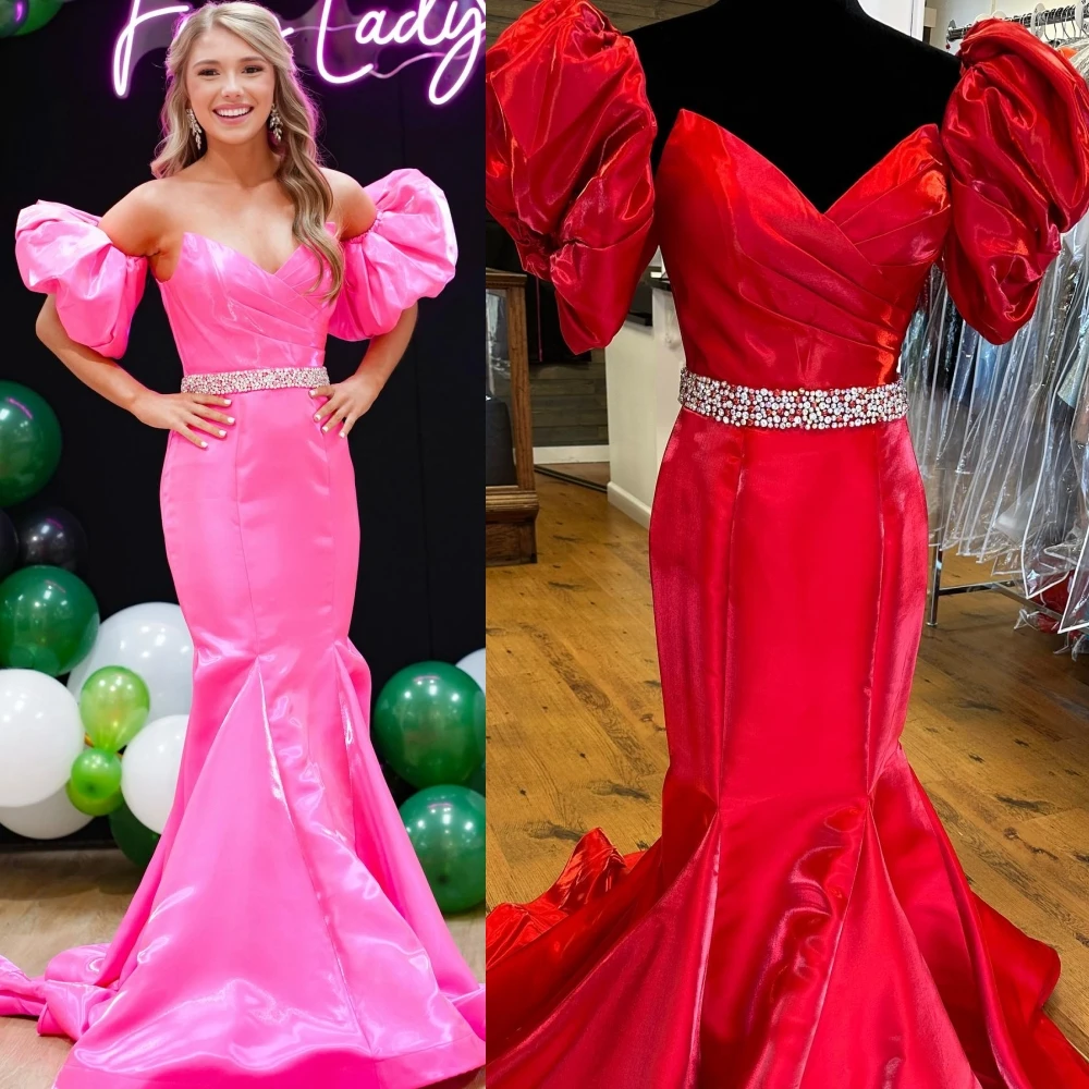 Shimmer Satin Formal Evening Dress 2k24 Puff Sleeves Mermaid Lady Pageant Prom Cocktail Party Gown Saudi Arabia Red Carpet Pink