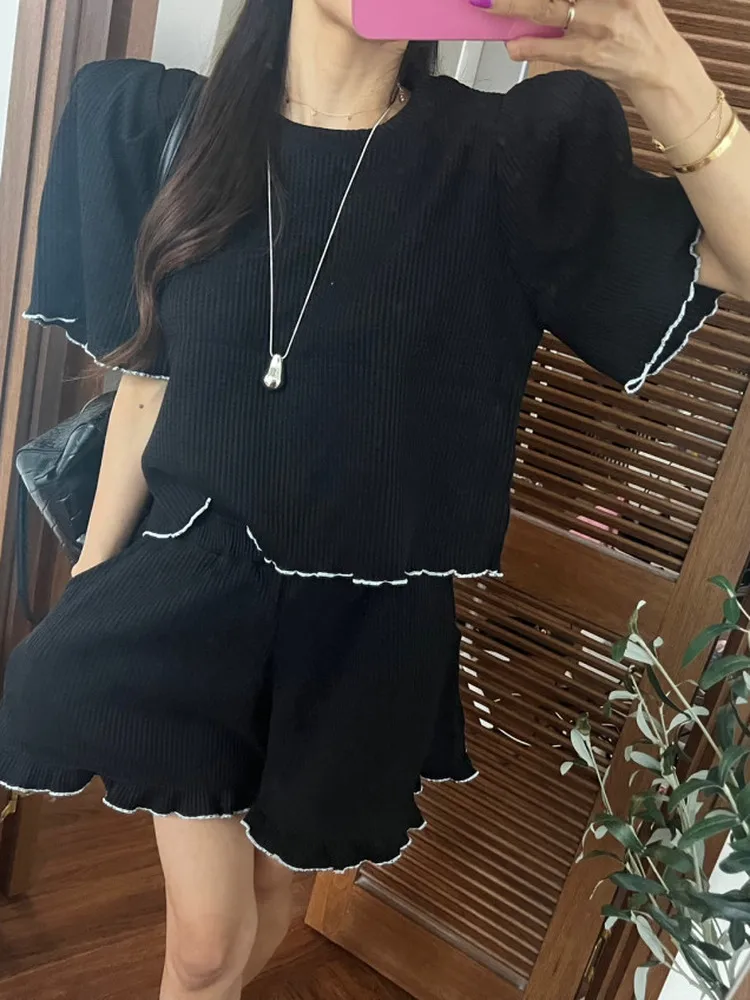 Casual Floral Print round Neck Bubble Sleeve Top High Waist Wide Leg Short Pants Women's Two-Piece Set Slimming Effect