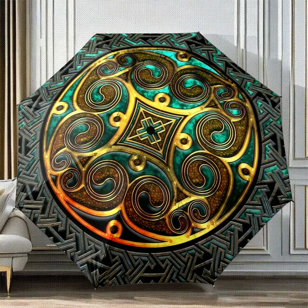 

Автоматический складной зонт с кельтским узлом и кельтским крестом - автоматическое открытие/закрытие, прочная 8-спицевая рама, бирюзовый и золотистый цвета.