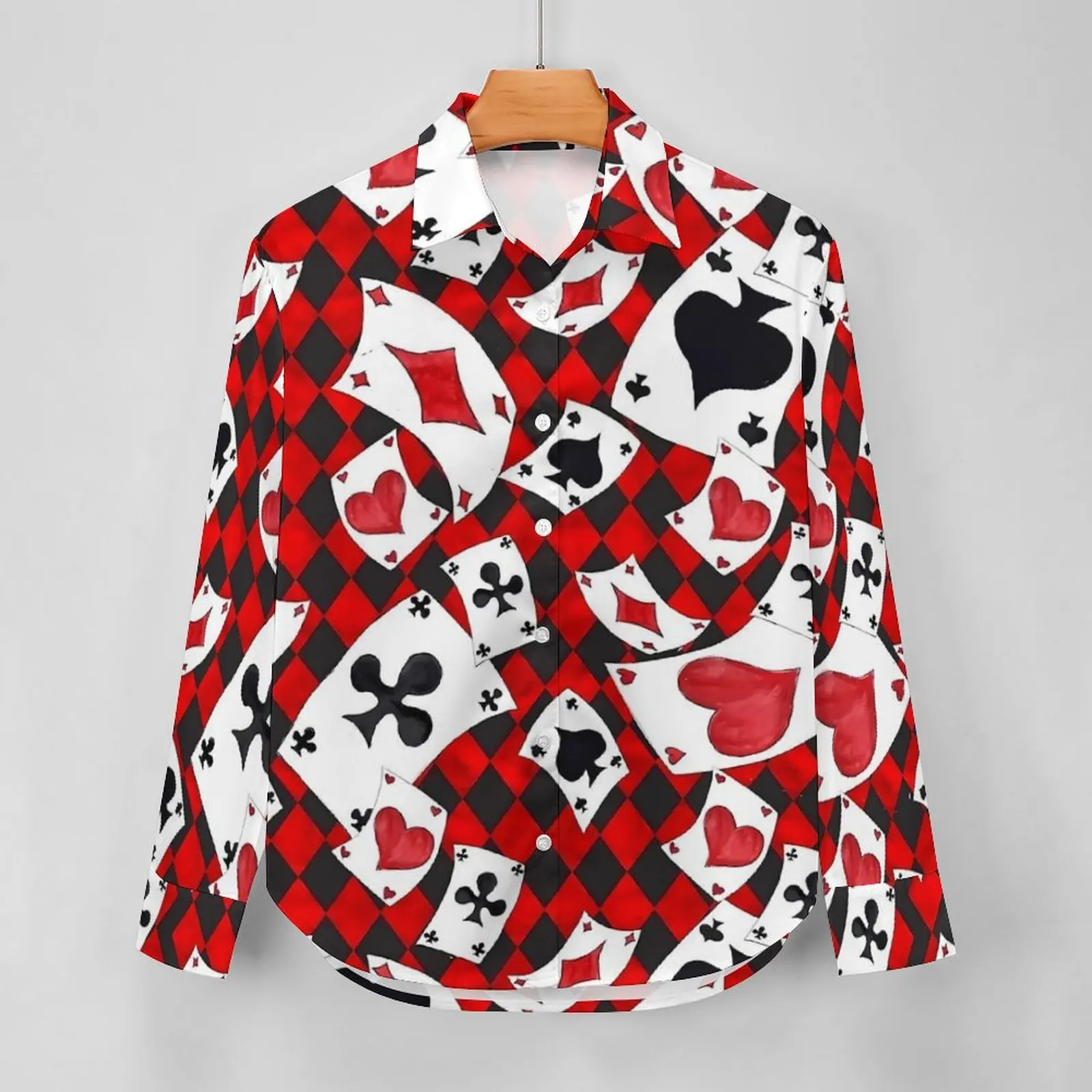 Checkered with Playing Cards Blouse Long Sleeve  Kawaii Blouses Women Casual Oversized Shirt Custom Clothing Gift Idea