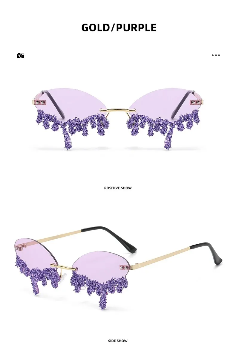 Diamant Randlose Sonnenbrille Damen Luxusmarke Strass Sonnenbrillen Sexy Tränenform Punk Party Eyewear Gafas De Sol – Detail 16
