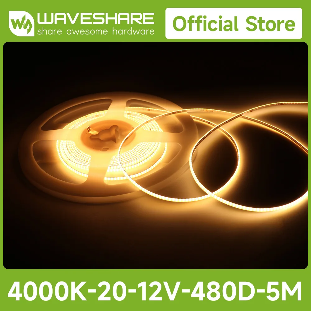 Waveshare 4000K Monochrome COB Soft Light Strip With No Spot And Low Power Consumption Design Supporting Free Cutting