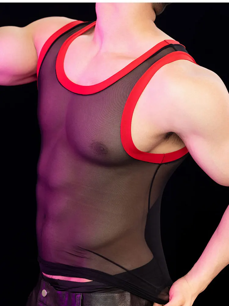 Sexy Thin Transparent Mens Clothing Tank Tops Exotic Breathable Gym Men Sleeveless Shirt Night Club High Elastic Vest Shaper
