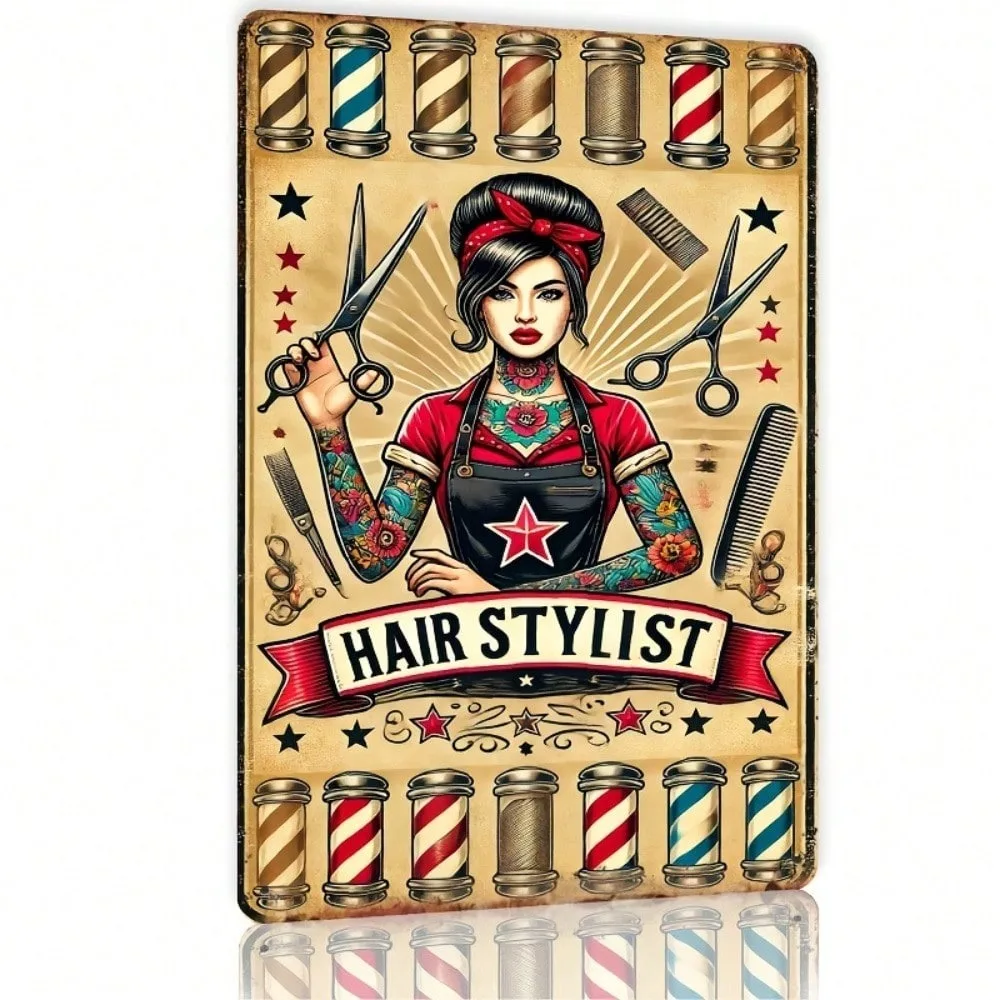 Letrero Metálico Vintage de Barbería de 8x12 Pulgadas, Arte Retro de Pared de Estilista, Ilustración de Estilista Tatuado, Decoración de Salón de Belleza para el Hogar