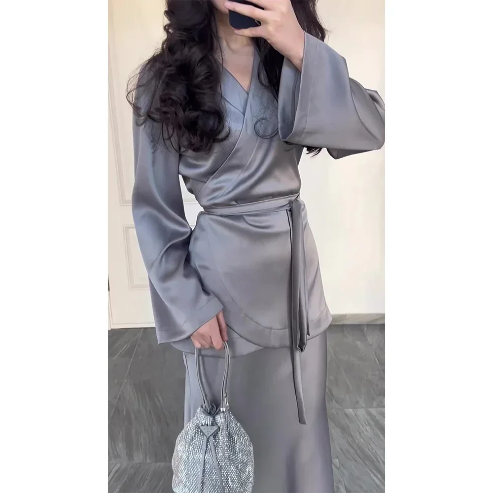 Eid women Set for woman Ramadan Satin Shirt with Skirt 2 Piece Bandage Musulman Ensembles Belt Dubai Outfit Robe Jalabiya 2024