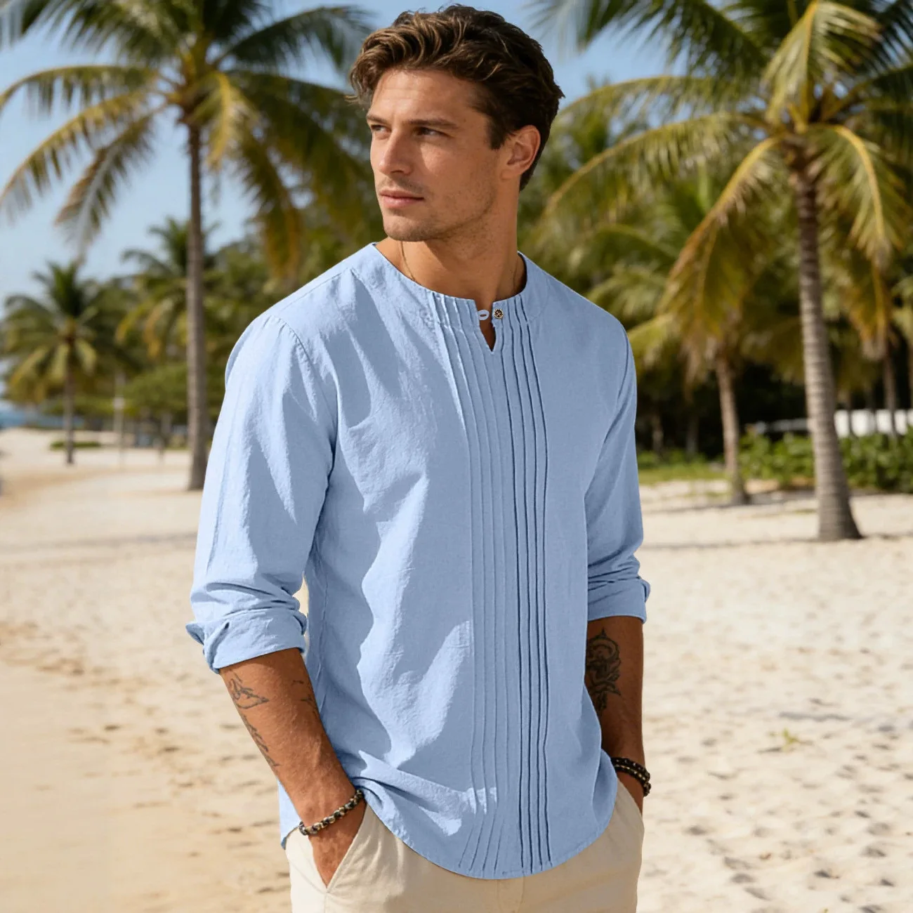 Men Casual Pleated Henley Shirts Long Sleeve Stand Neck Loose Fit Linen Blend Shirt For Men Beach Daily Wear