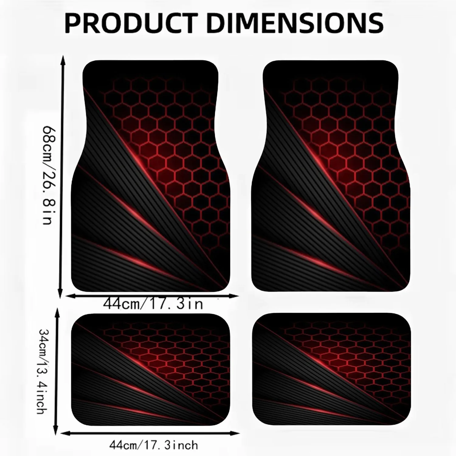 4pcs Car Floor Mats, Dark Futuristic Design, Black Background With Red Hexagonal Grid, Diagonal Black Strips With Red Outlines,