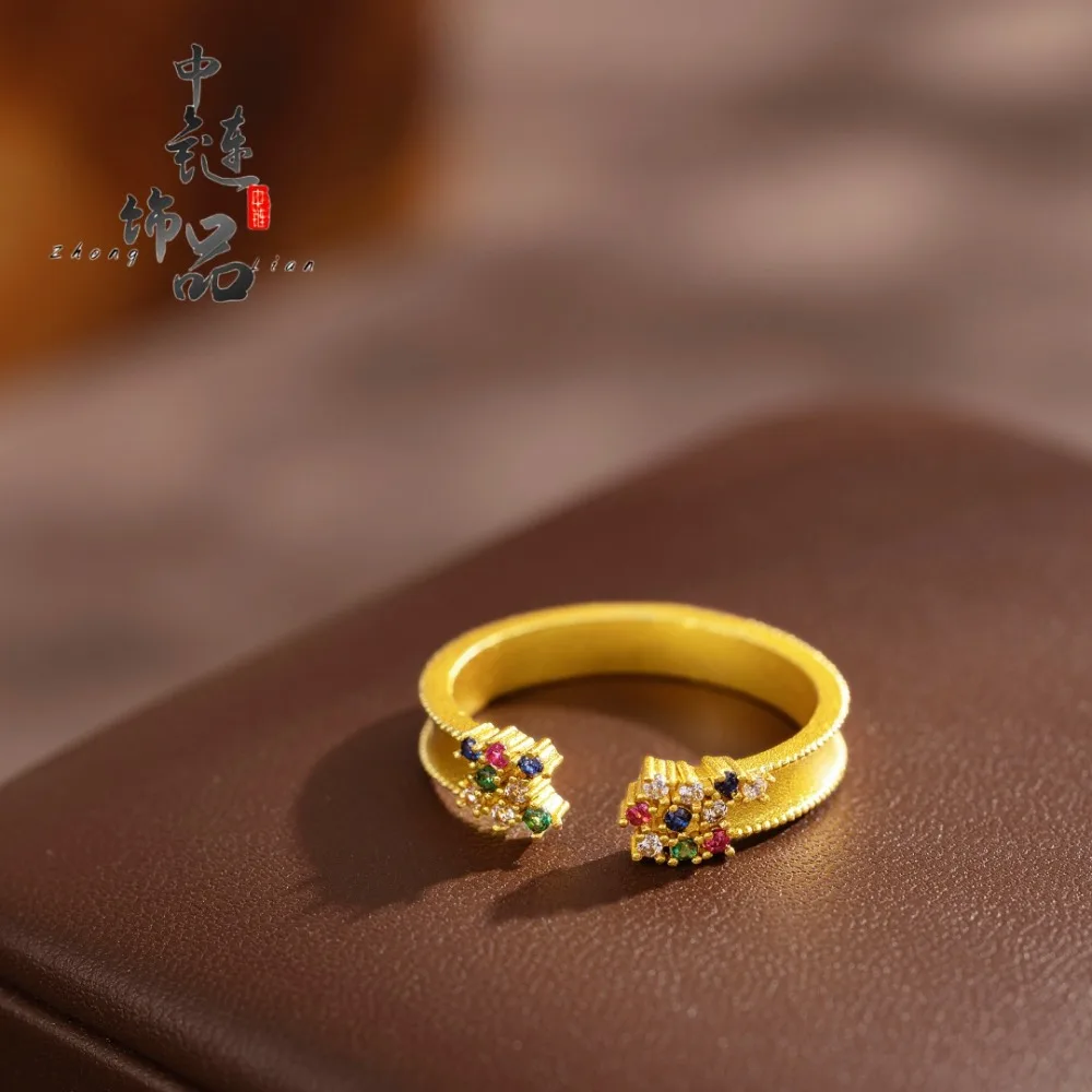 Micro set bright star opening ring 9999gold