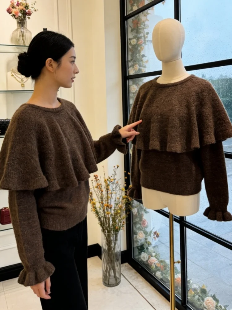 

Retro Pure Color Knitted Sweater Set with awl Waist-Cinching Women's Faionable Winter New Sle Two-Piece Set