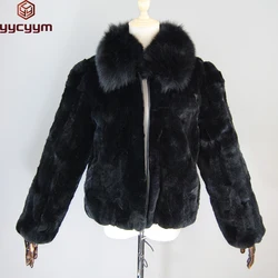 2024 marca invierno cálido suave calidad Real Rex abrigo de piel de conejo mujeres Rex chaquetas cortas de piel de conejo con cuello de piel de zorro Real Overcoa