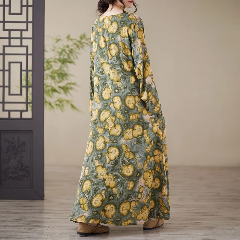 Loose Fit Long Sve Cotton Linen Print Maxi Dr Summer Vaion Dr round Ne plus Size Women's Dr Commute Sle