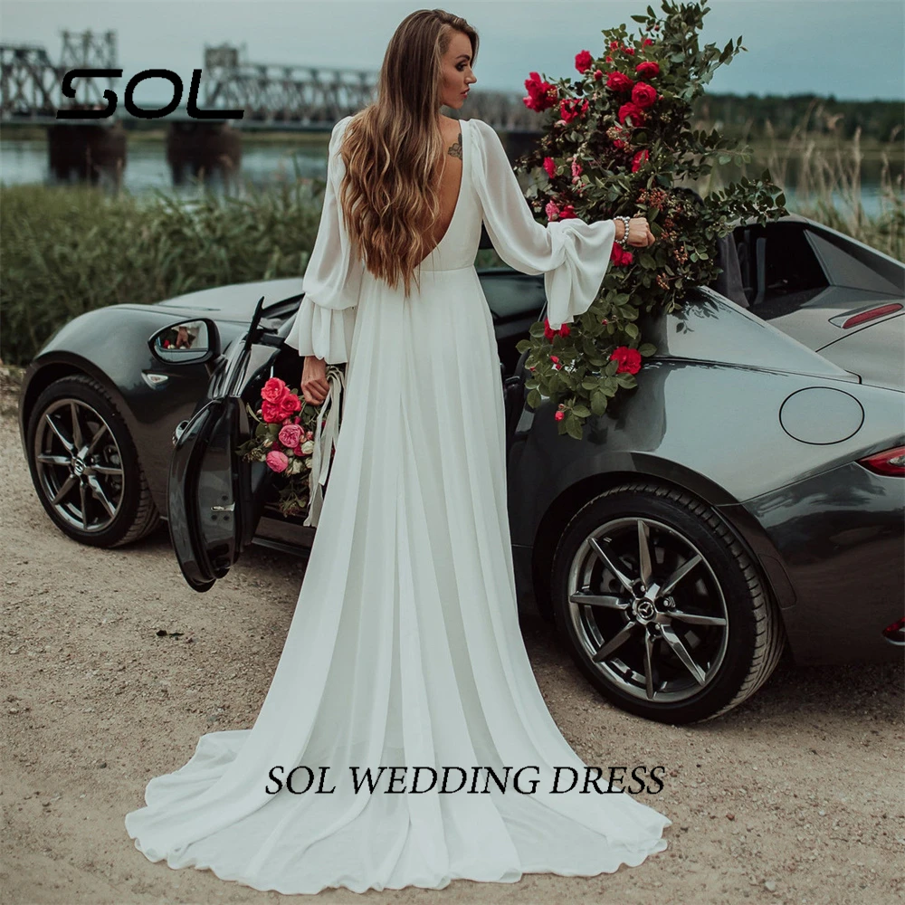 Sol Long Puff Sleeves High Side Split Boho Wedding Dress Sexy V Neck Backless A-Line Sweep Train Chiffon Bridal Gown Simple