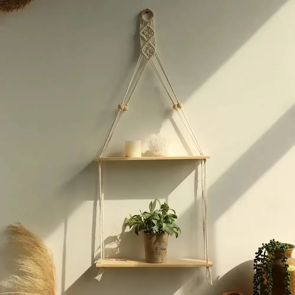 Boho Home Decor Wood Floating Wall Shelf Hanging Sewing Hanging Display Shelves Wall Corner Plant Holder Stand Garden Decoration