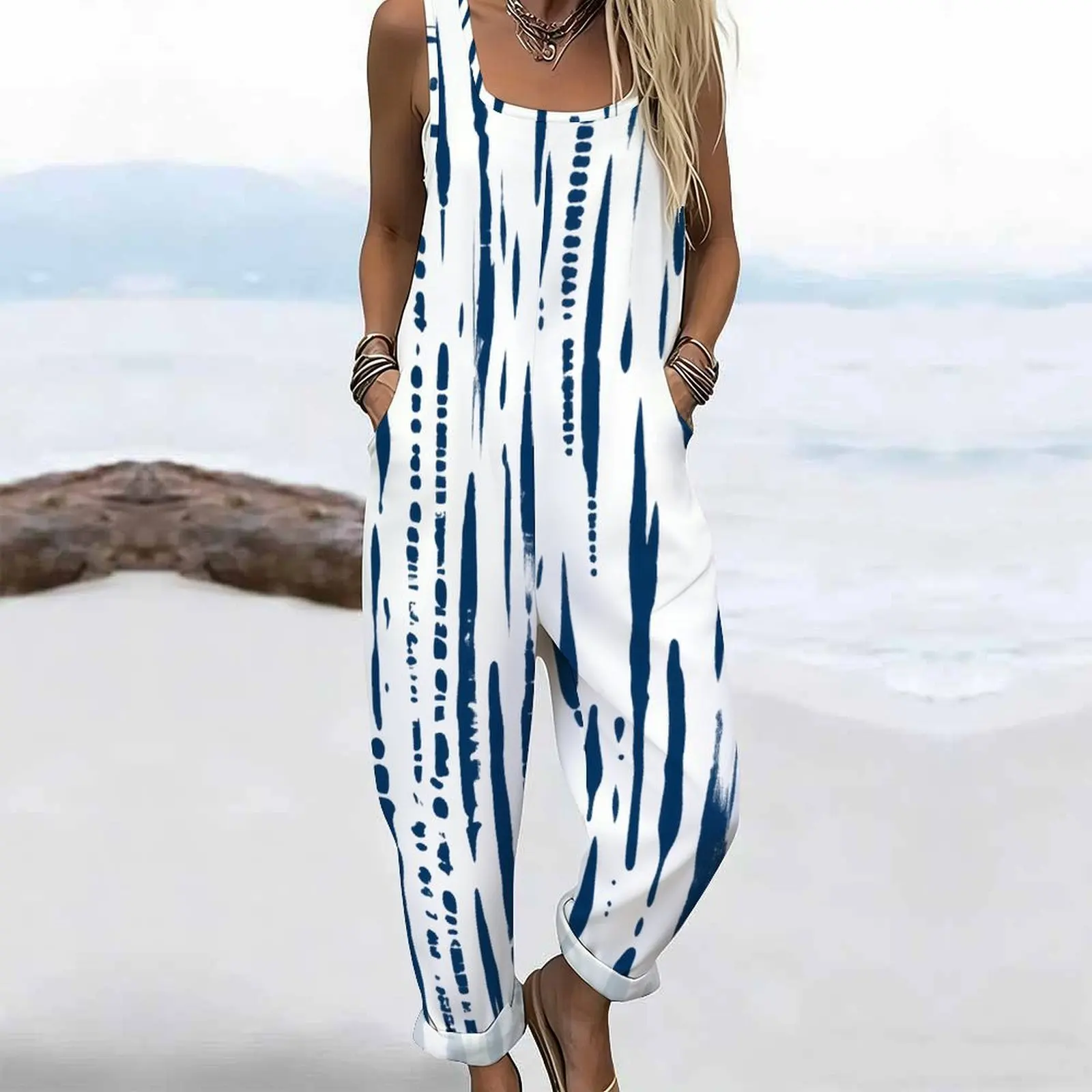 Square Neck Sleeveless Wide Straps Loose Fit Pockets Cuffed Ankle Printed Jumpsuit for Women