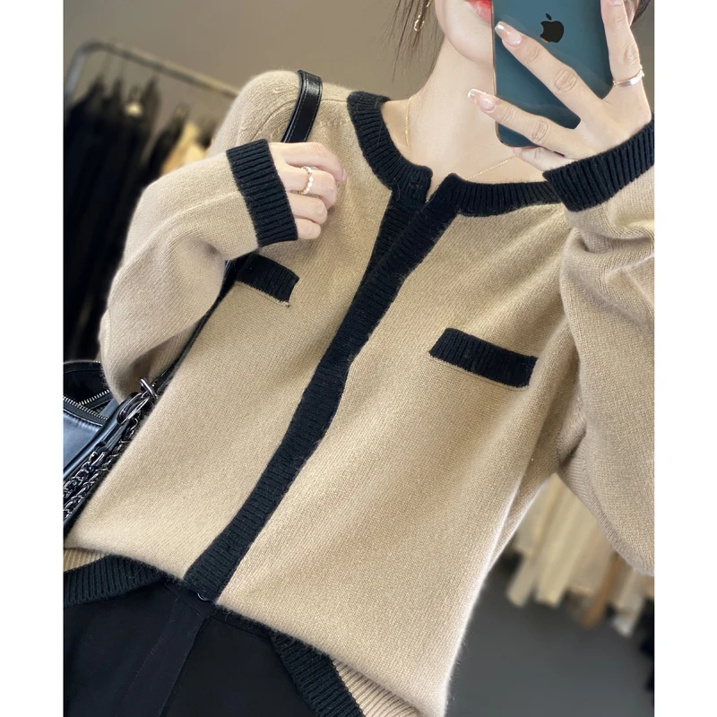 French Classics Elegant O-Neck Pure Wool Knitted Cardigan Women Paris Small Fragrance Hidden Button Jacket Coat Sweater Autumn