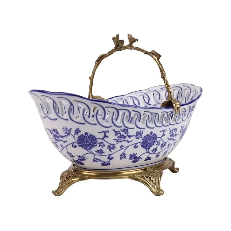 RYFC31 Blue White Lotus Hollow Ceramic Fruit Plate With Copper Rack Elegant Party Candy Dish Home Decor Serving Tray Elegant
