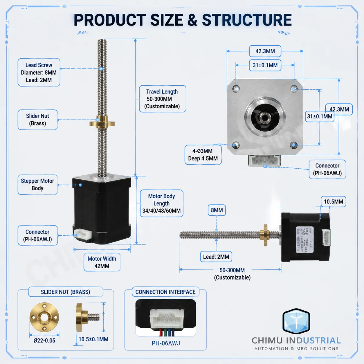 【CHIMU INDUSTRIAL】 for 42 57 T-Type Screw Stepper Motor Linear Actuator Integrated Nut Fixed Shaft CNC DIY
