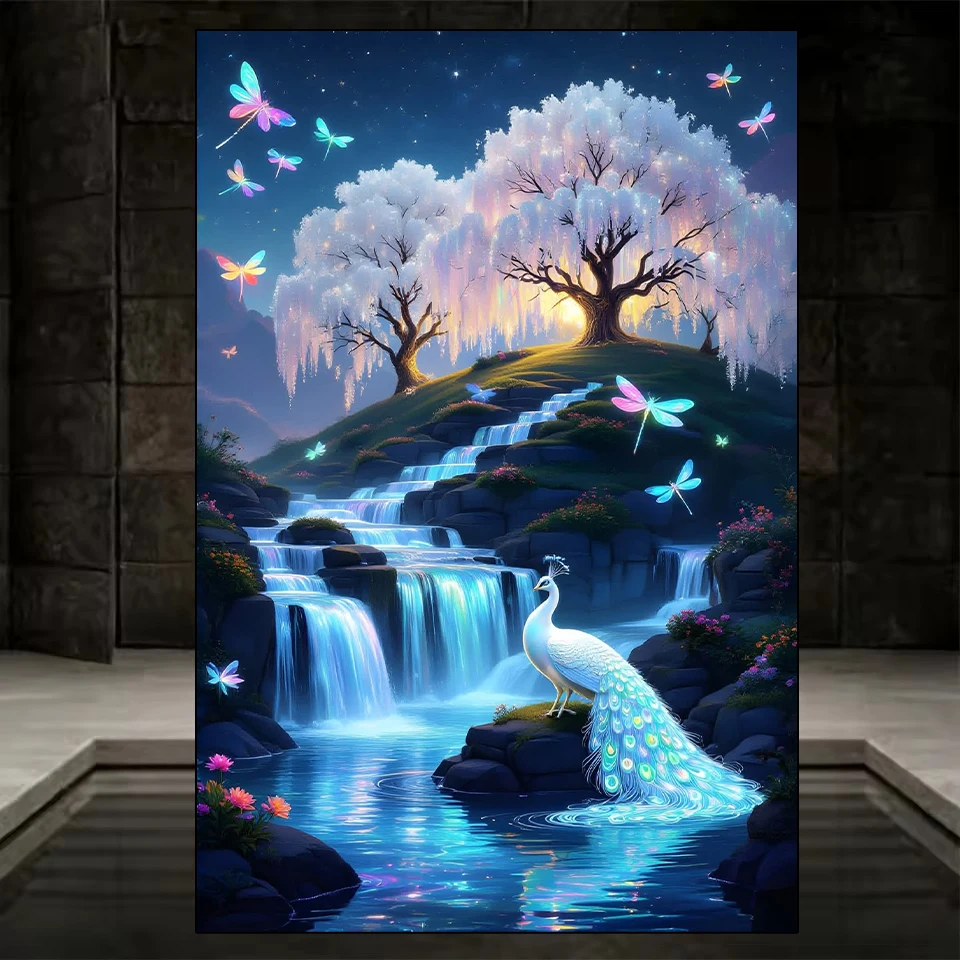 

2026 New Diamond Painting Jewelry Cross Embroidery Peacock Flower Waterfall 5D Full Mosaic Embroidery Picture Wall Decoration