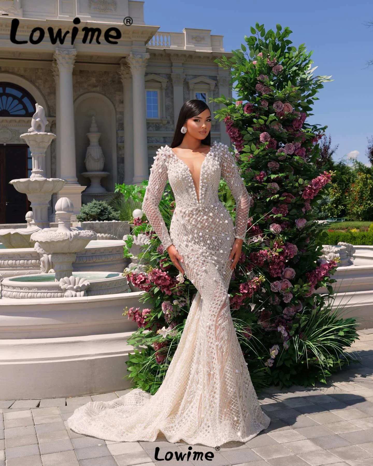 Arabic Long Sleeve Women Evening Dress 2024 Custom Made Pearls Crystals Mermaid Plus Size Party Dress Robe Engagement Prom Dress