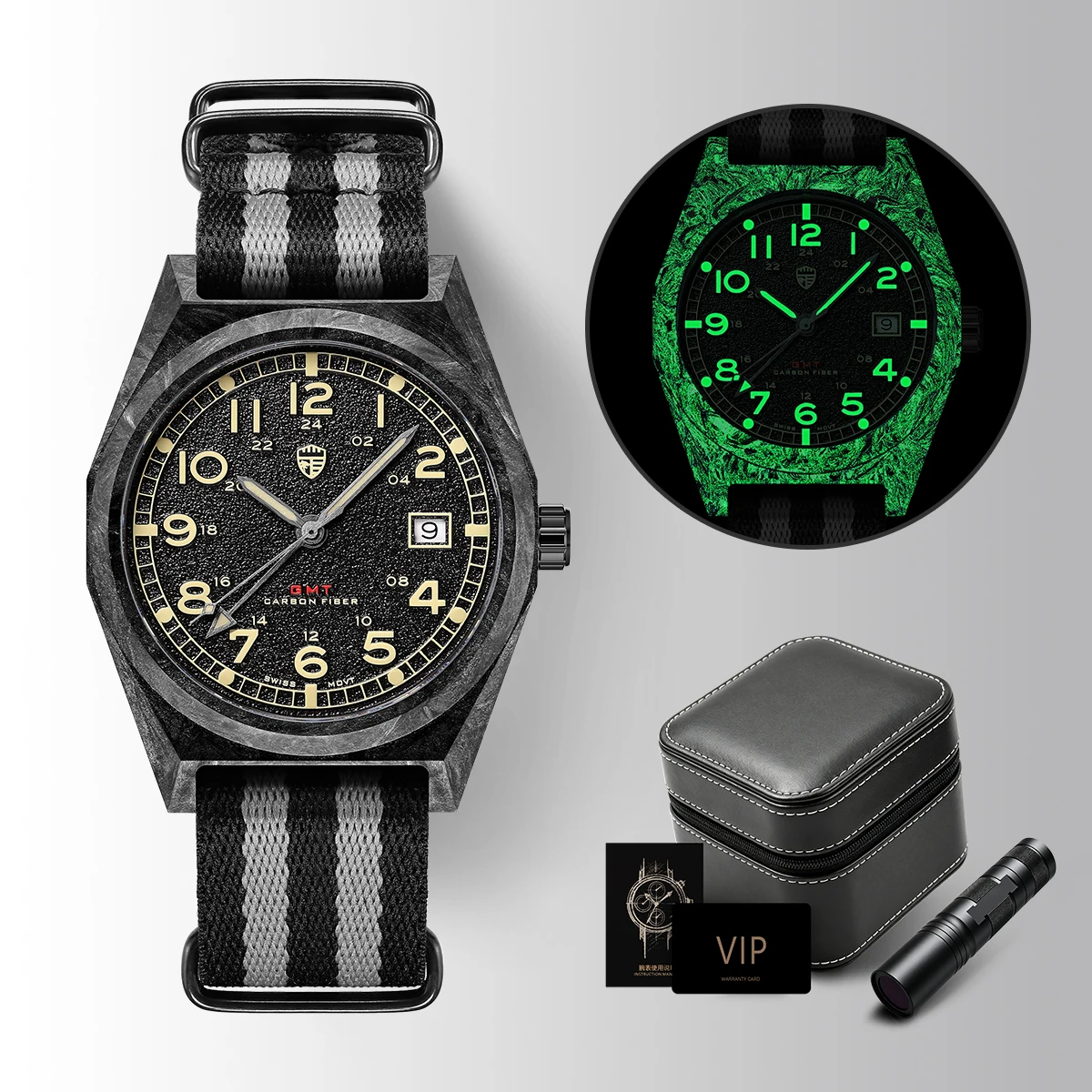 GMT Dual Time Zone Carbon Fiber Men Watch 39mm Swiss Ronda 515.24H Quartz Movement C1 Luminous Sapphire Crystal 50M Waterproof