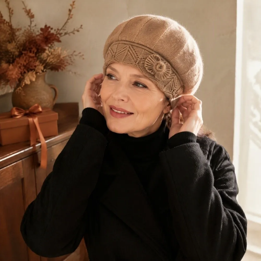 Elastic Knitted Hat Elderly Women Middle Aged Winter Beanie Thick Fleece Lady Hat Outdoor Use