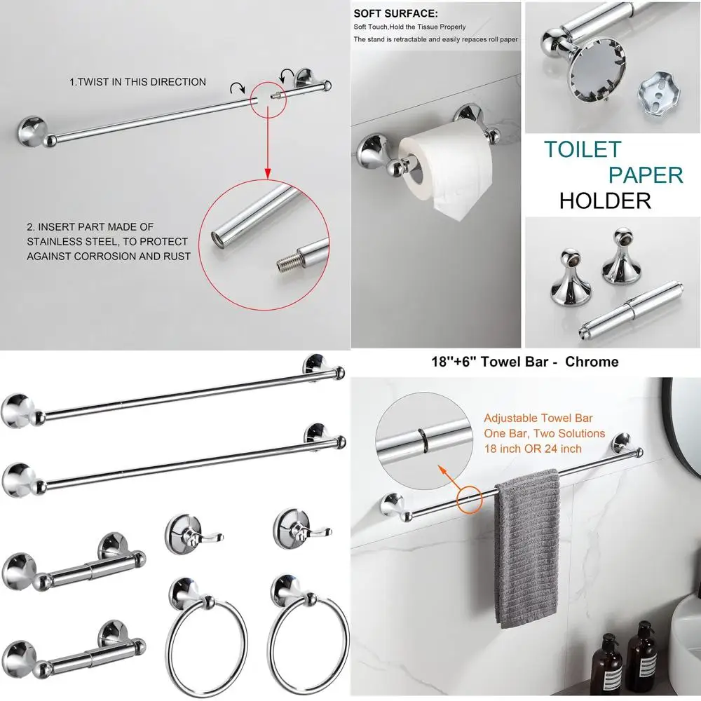 

Chrome Expandable Bath Hardware Set: 8-Piece Wall-Mounted Towel Racks & Accessories