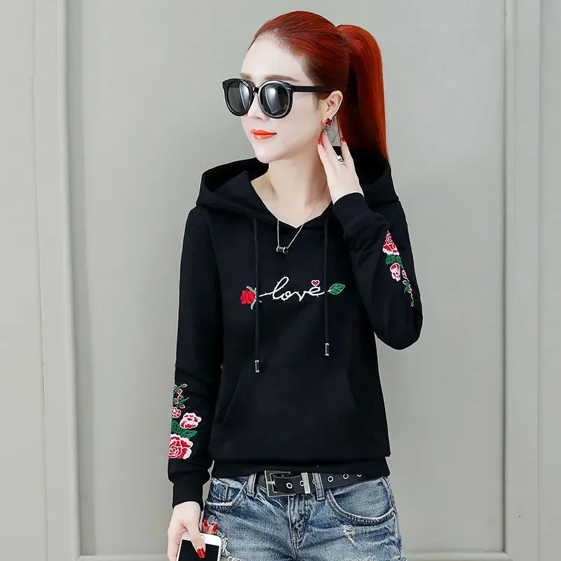 Loose Hooded Sweatshirt Women\'s Long Sleeve Autumn 2023 New Letter Embroidered Fashion Pullover Korean Versatile Short Jacket