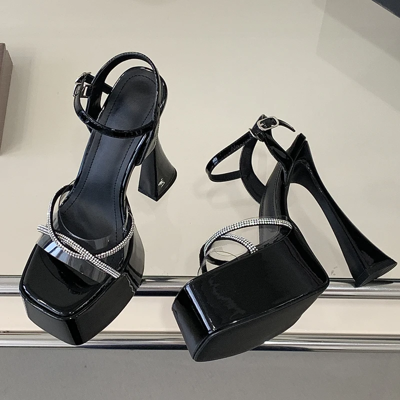 

Eilyken New Summer Fashion Square Toe Crystal PVC Transparent Women Sandals Sexy High Heels Buckle Strap Party Shoes