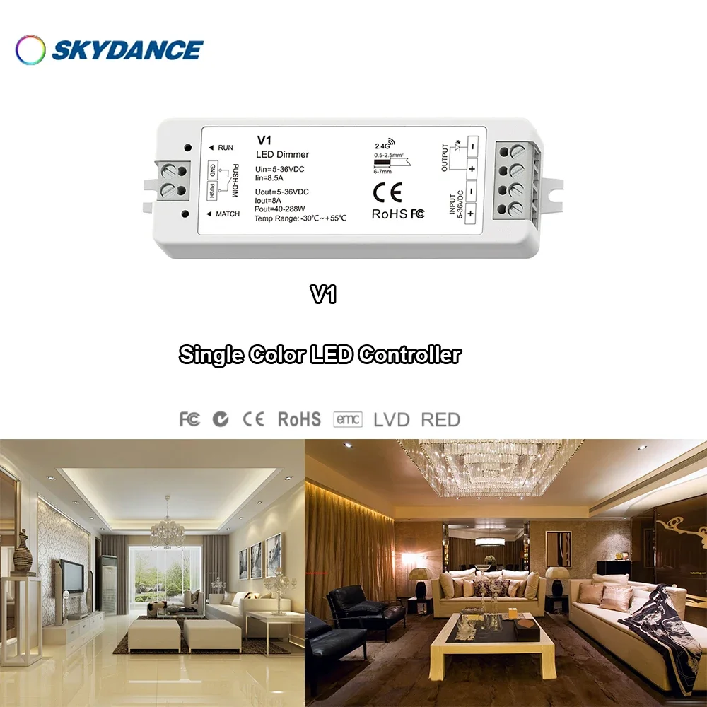 DC5-36V V1 RF 2.4GHz + Push Dim Constant voltage 0 -100%PWM Wireless  8A Dimmer Switch Controller for Single Color COB LED Strip