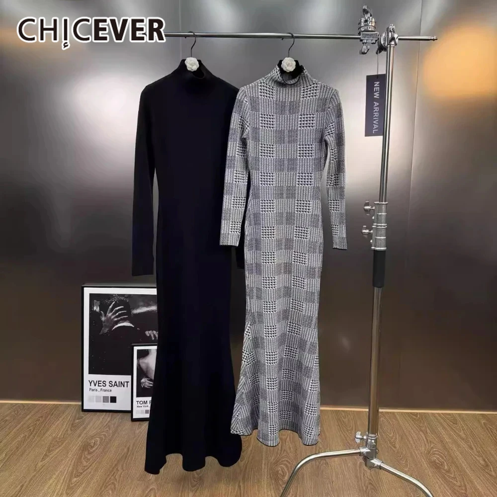 

CHICEVER птичья решетка офисное платье «рыбий хвост» для женщин с высоким воротом и длинными рукавами с высокой талией минималистичные трикотажные платья женские осенние