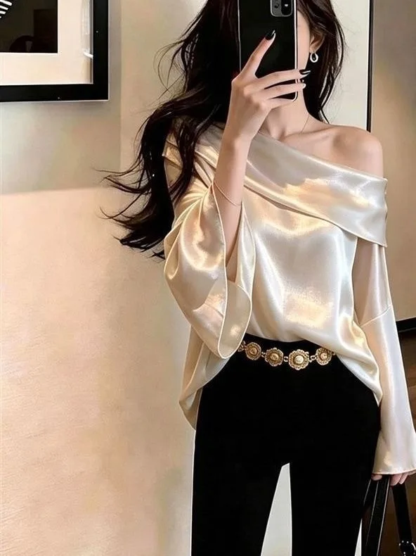 Champagne Colored Minimalist Early Autumn New Women's Shirt Elegant Casual Style Long Sleeve One-Shoulder Loose Fit Regular L...