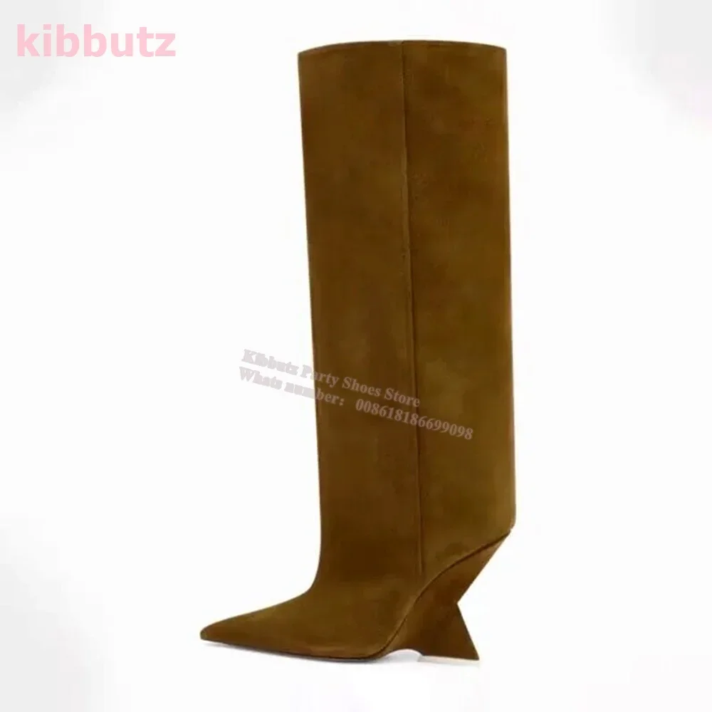 Suede Boots Knee High Strange Heel Solid Color Genuine Leather Pointy Slip-On Fashion Party Dress Women Shoes Luxury Elegant New