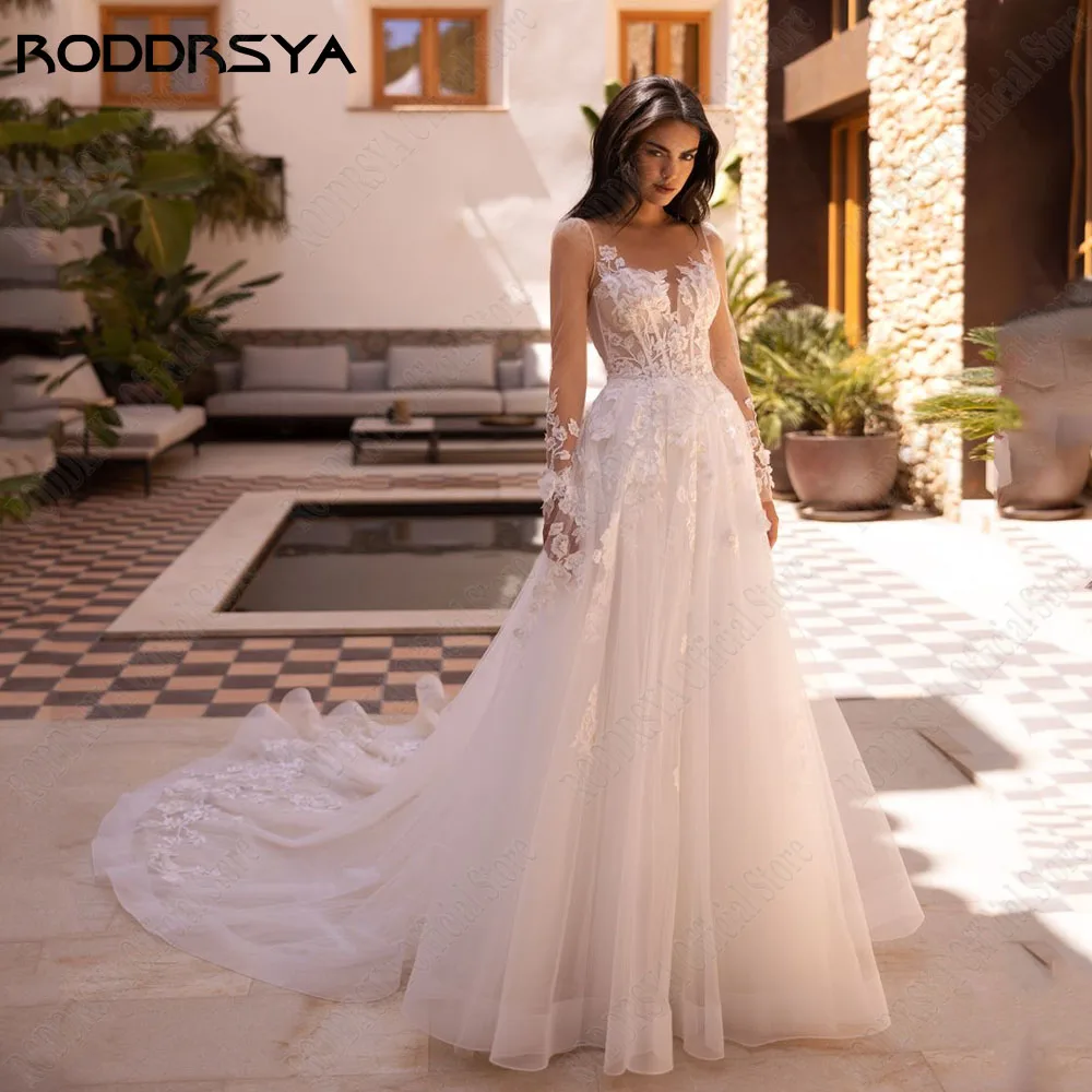 RODRSYA Exquisite Wedding Dresses For Woman O-Neck Long SleevesRODDRSYA Requintados Vestidos De Casamento Para A Mulher O Pescoço Mangas Compridas Vestidos De Noiva Lace Applique A Line Illusion Voltar vestido de noiva