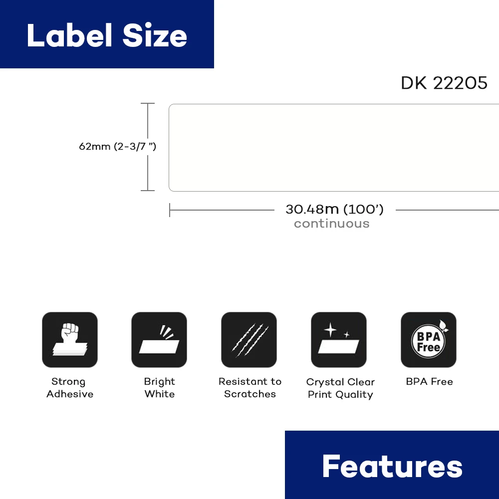 DK-22205 Compatible for Brother 62mm*30.48m Continuous Paper Labels DK-22205 DK22205 DK2205 DK205 Labels Brother Labels DK 22205