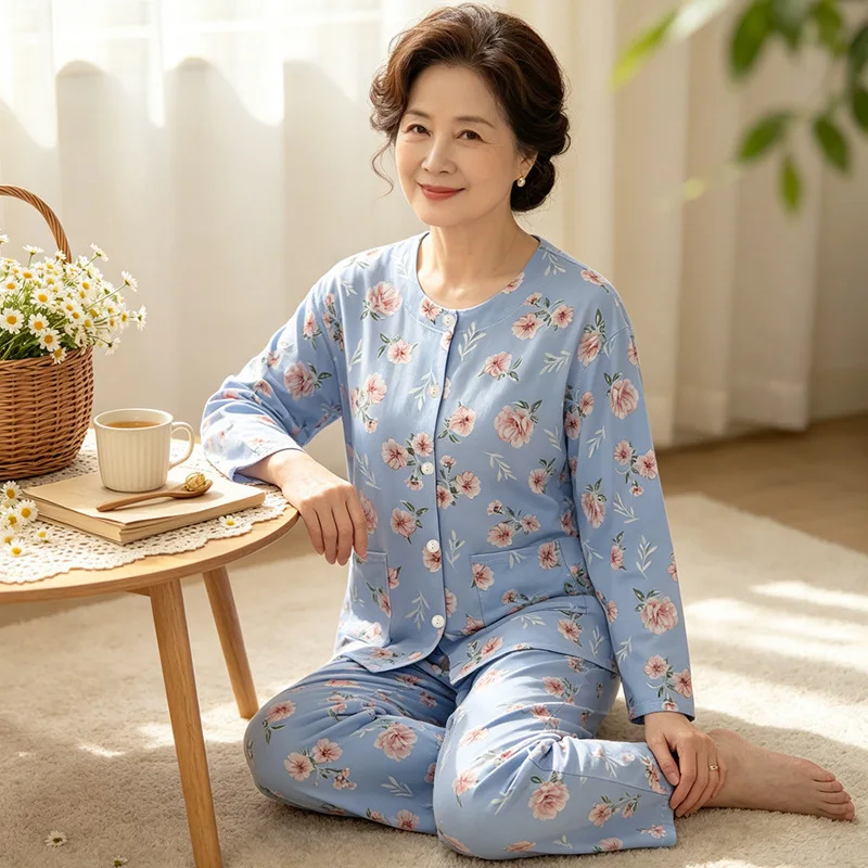 Women's Long-sleeved Pajama Set for Middle-aged and Elderly, Spring-autumn Floral Cardigan, Cotton-like Home Wear