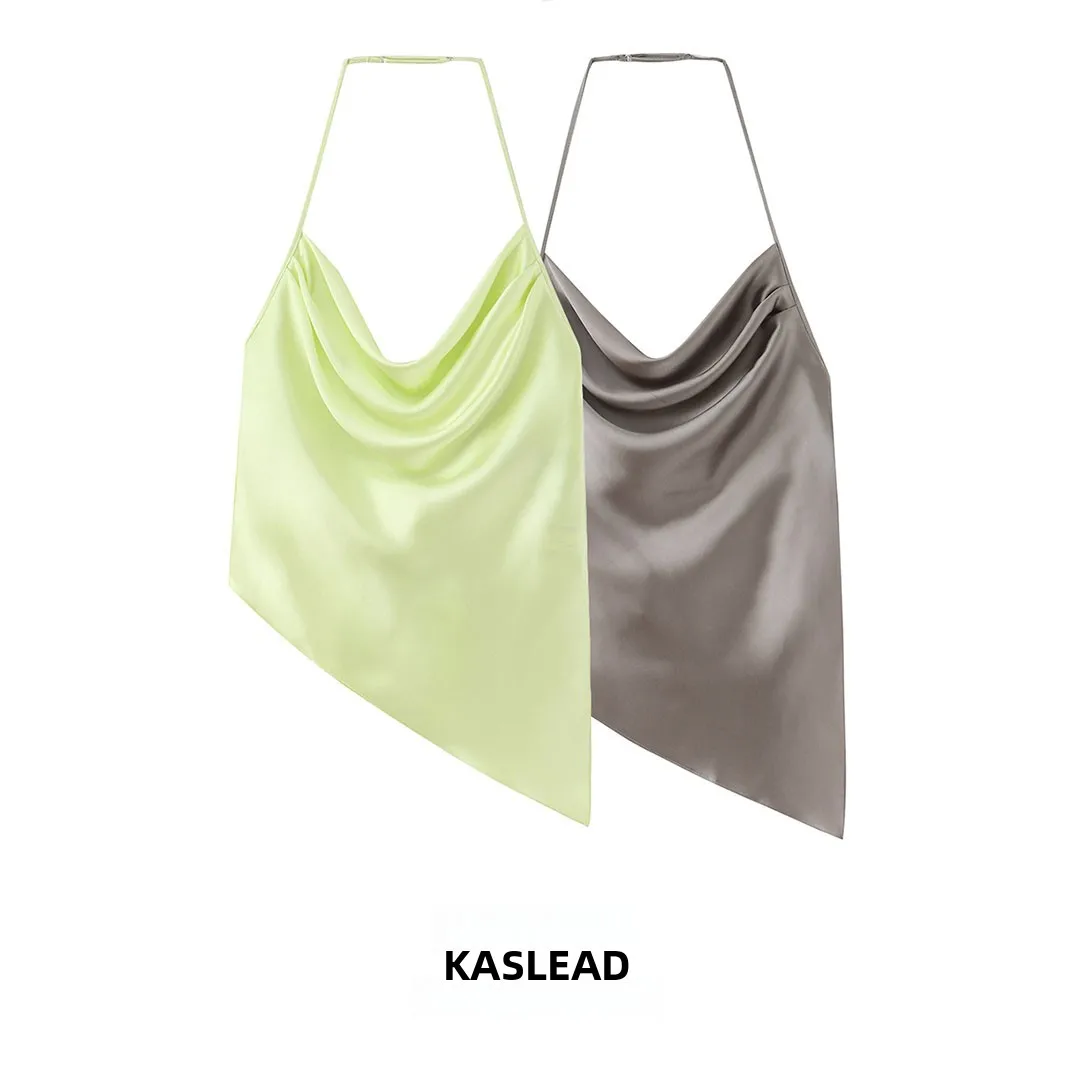 KASLEAD New Women's Fashion Slim Fit Silk Satin Feel Collarless Top Short Length Polyester Fiber Inner Wear Summer 2026