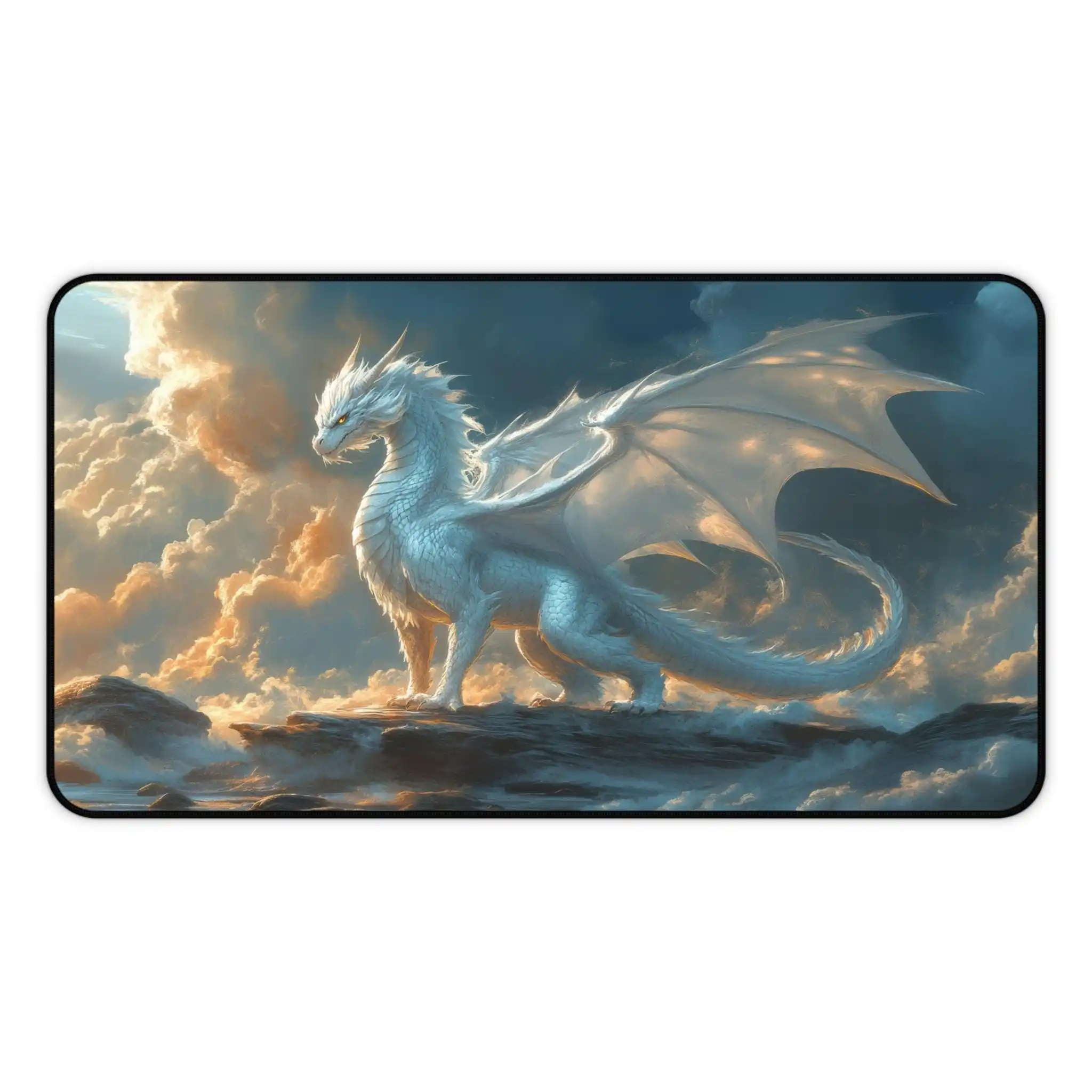 Majestic White Dragons on Rocks,Clouds Floating in The Sky,Magical Dragon-shaped Table Pads,Medieval Office Decoration Mouse Pad