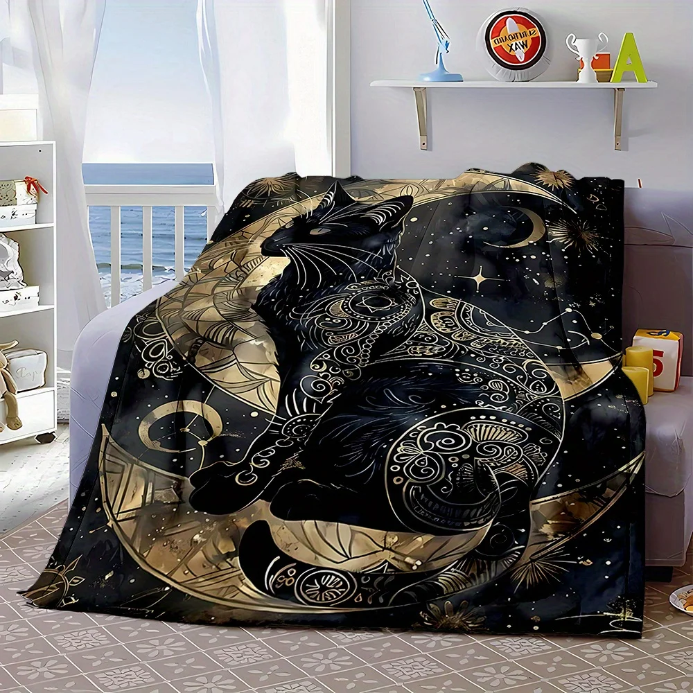 Luxurious Golden Moon And Black Cat Flannel Blanket, Suitable for All Seasons, Warm And Cool
