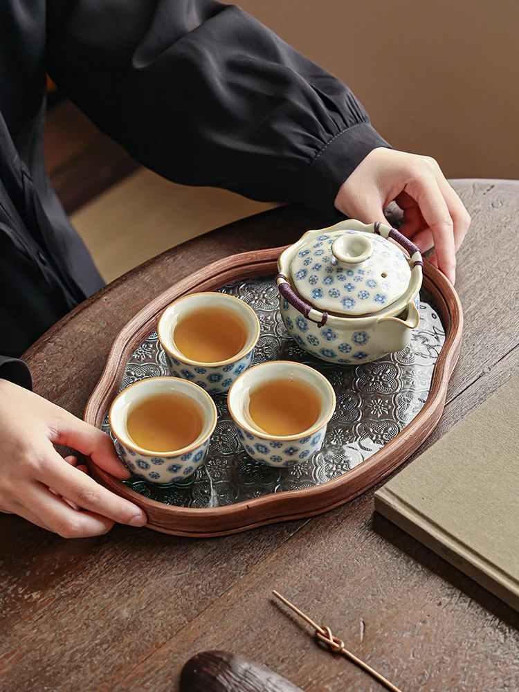 Ru Kiln Ball Flower Hand Grip Pot Gai Wan Tea Bowl Tea Cup Kung Fu Tea Set High-end Tray Non hot