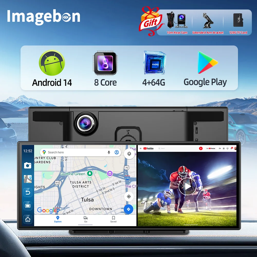 Imagebon 11,4" Android 14 8-Kern 4+64G Dashcam CarPlay & Android Auto Autoradio-Bildschirm mit Google Play Youtube GPS-Navigation KI-Sprachsteuerung DVR