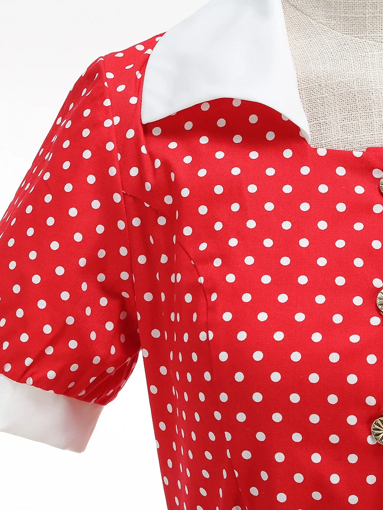 Tonval Retro-Kleider für Damen, 2025, Umlegekragen, Knöpfe vorne, Gürtel, gepunktet, Baumwolle, Rockabilly-Flare-Midikleid – Detail 17