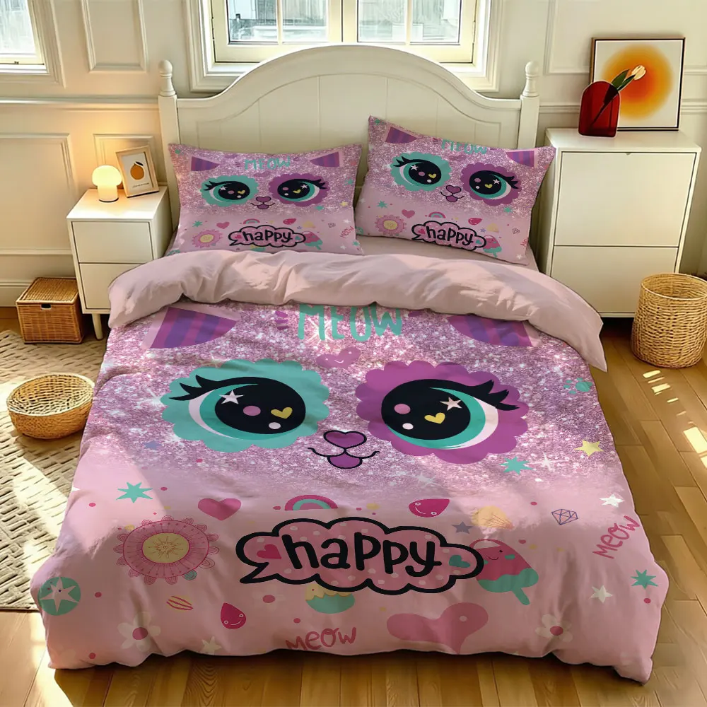 Big Eye Cat Duvet Cover Set 3 Piece Pink Happy Kitty Donut Print Bedding Set Kawaii with Pillowcases Girls Bedroom