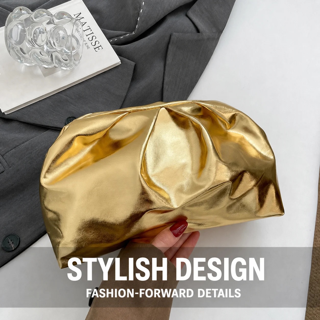 Ruched Dumpling Bag Shiny Fashion Clutch Bag Crossbody Clutch Bag Elegant For Daily Commuting Fashion Accessory Shopping