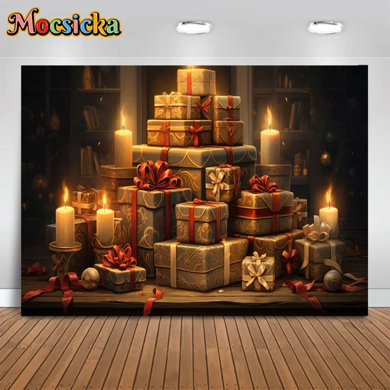 

Mocsicka Christmas Photography Background Xmas Gifts Candlelight Backdrop New Year's Eve Party Cake Smash Photo Banner Studio
